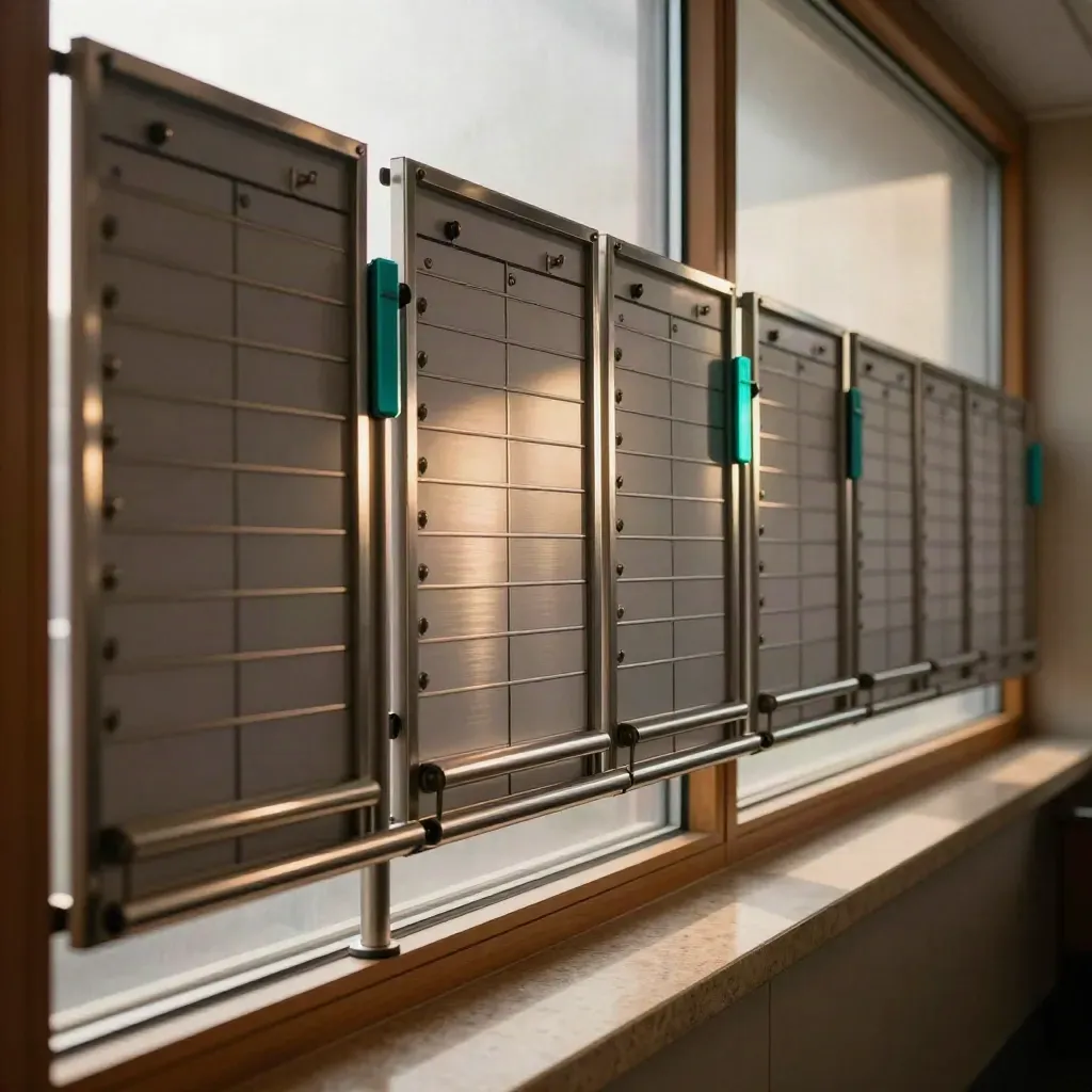 Vacancy boards in a warm office bay with metal rails and one teal accent block.