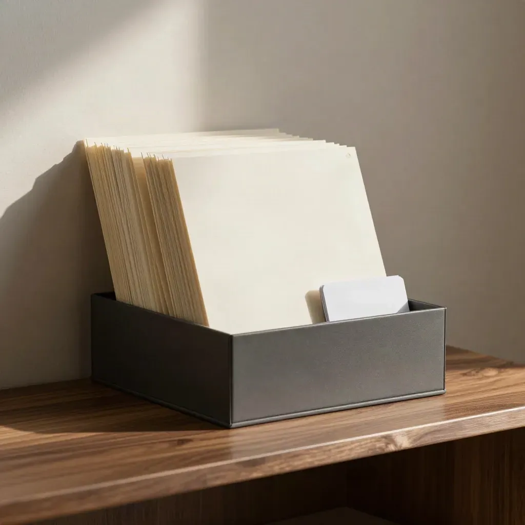 Archival candidate profile sleeves, tabs, organizer box, and contact card holder on walnut shelf