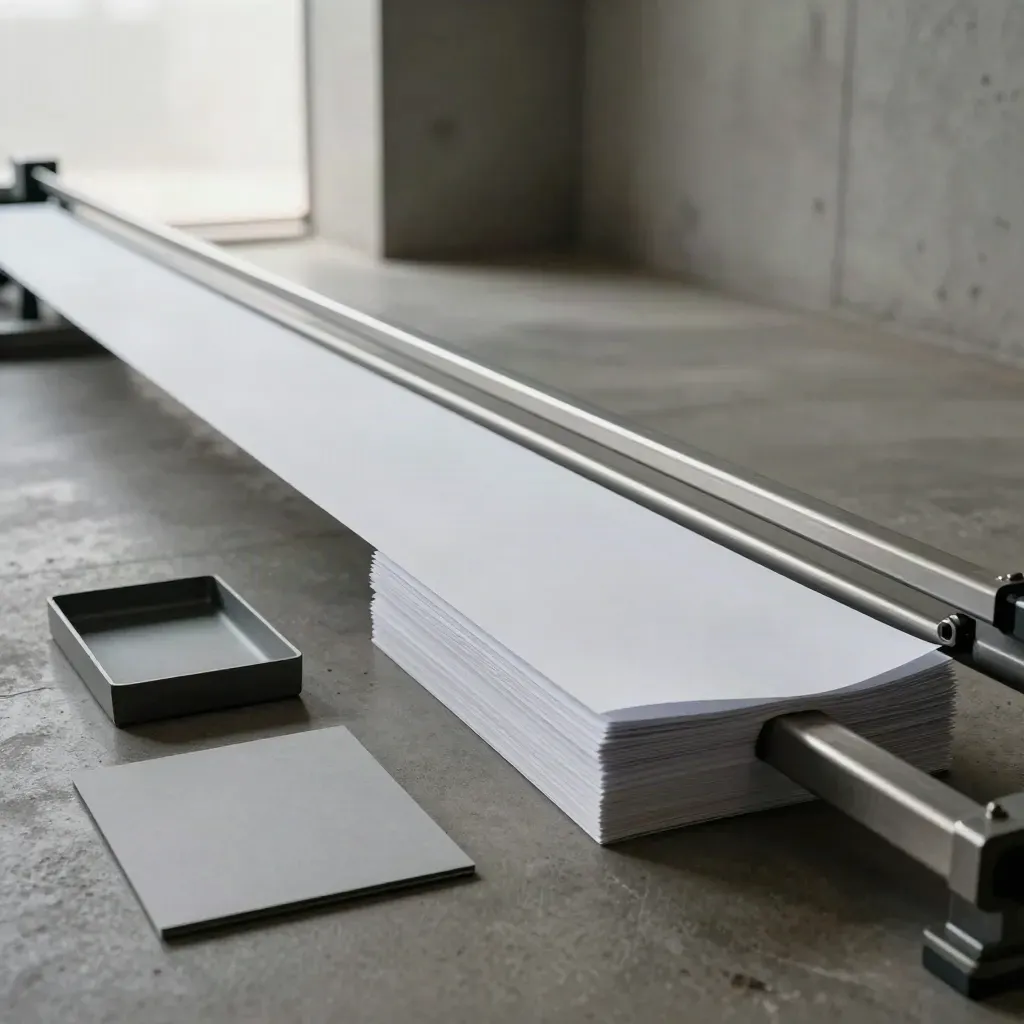 Clipped blank sheets moving along an aluminum rail beside a small tray on concrete.