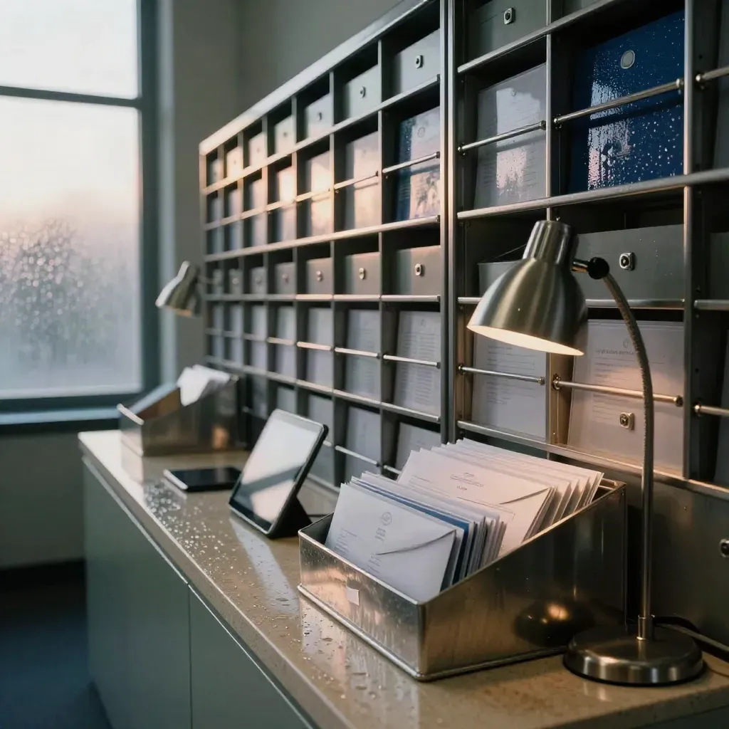 Moody UK recruitment hub with metal inbox trays, CV sleeves and a tablet in dawn rain haze