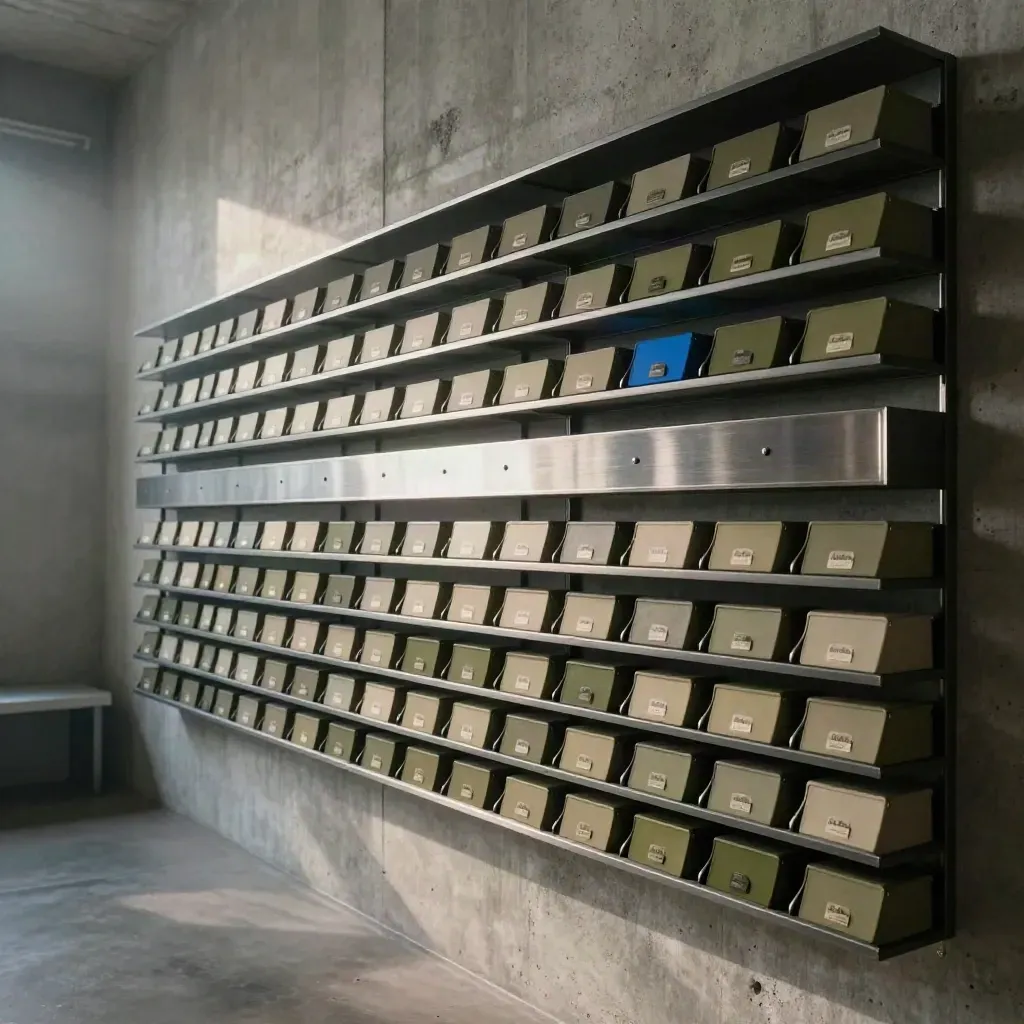 Diagonal concrete tracking wall with trays, status pucks, and a central inbox rail.
