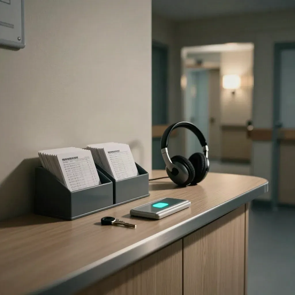 Night care-home station with rota cards, headset cradle and a softly lit corridor.