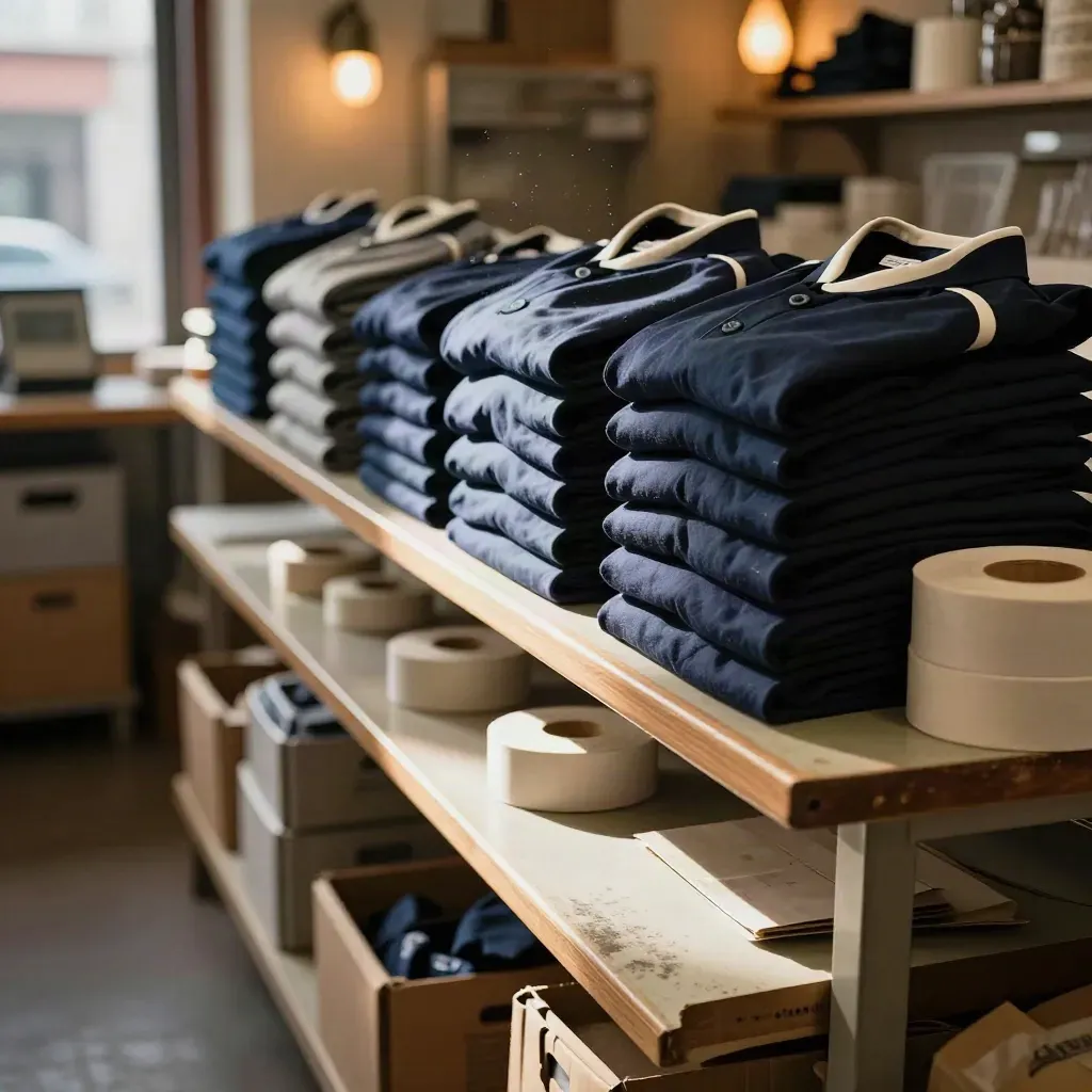 Folded uniforms and till rolls on a prep bench, with a lit checkout lane behind