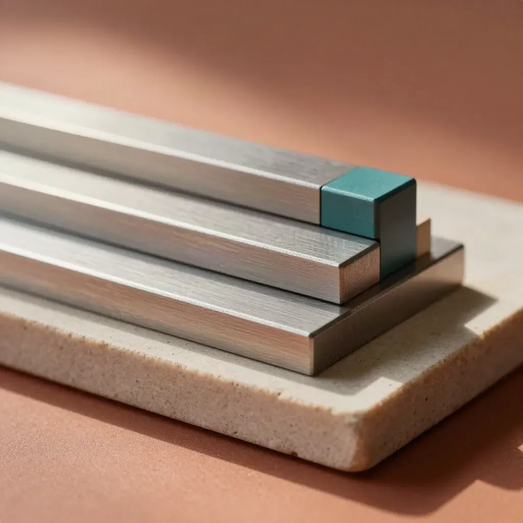 Stepped metal salary filters with pale stone tray and muted teal accent on a warm terracotta surface.