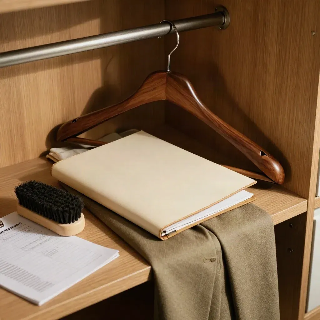 Interview coaching materials on a wood bench: hanger, folder, shoe brush, clipped checklist.