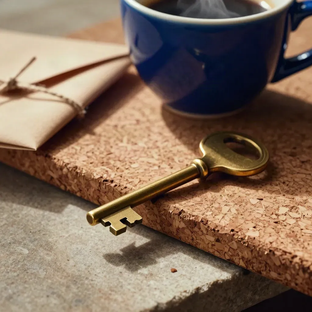 Brass key, cork edge, sealed tube, and blue coffee cup on stone with steam.