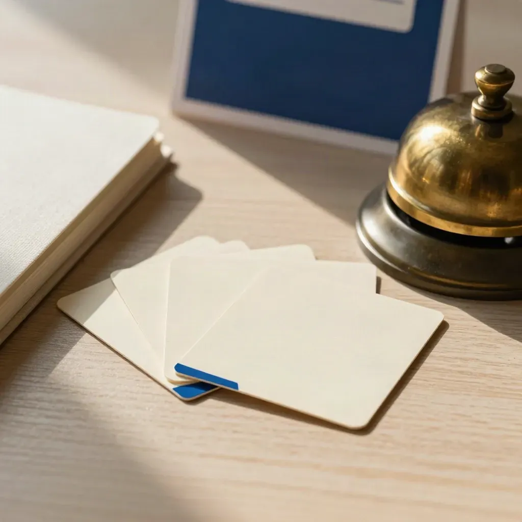 Three plan chips, a closed notebook and brass desk bell on pale oak.