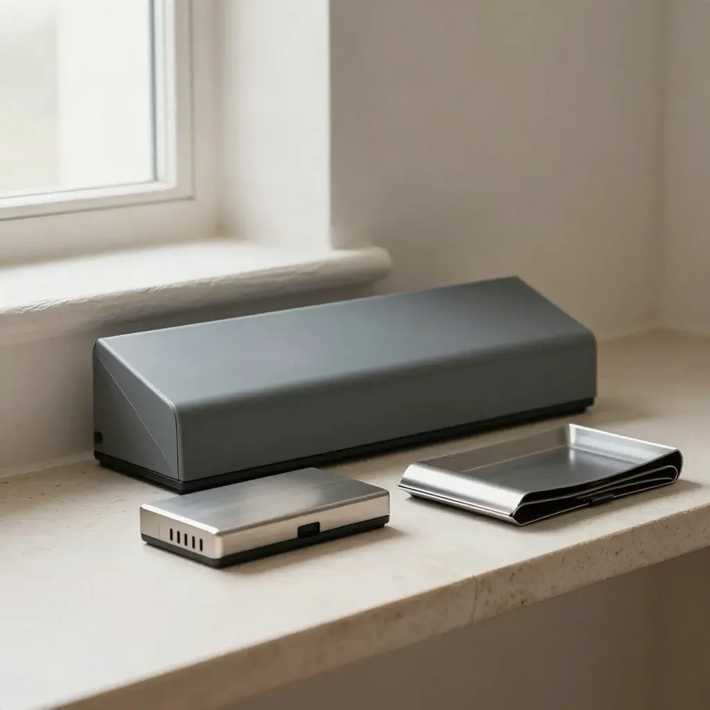 Closed CV sleeve beside a scanner dock and archive tray on a pale stone ledge.