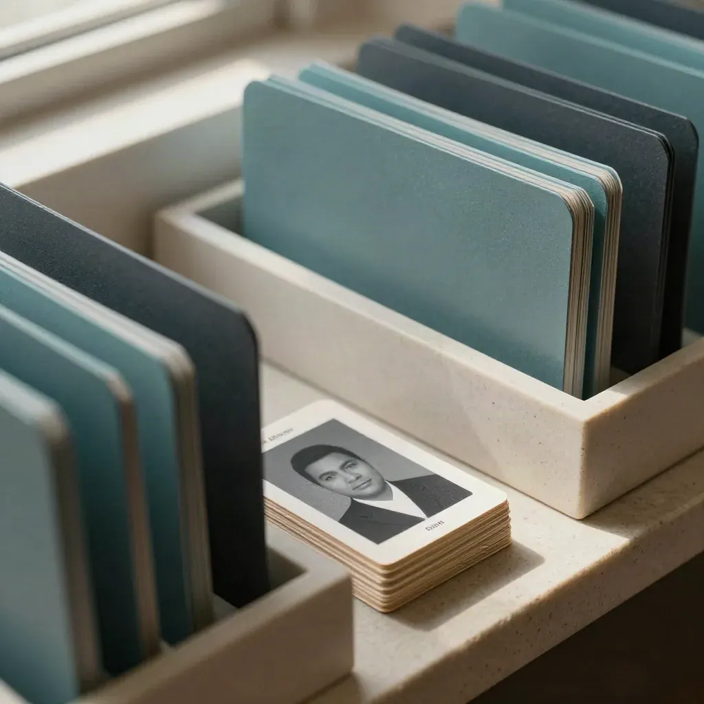 Teal status tabs, tray divider, and stacked candidate cards on a plaster shelf