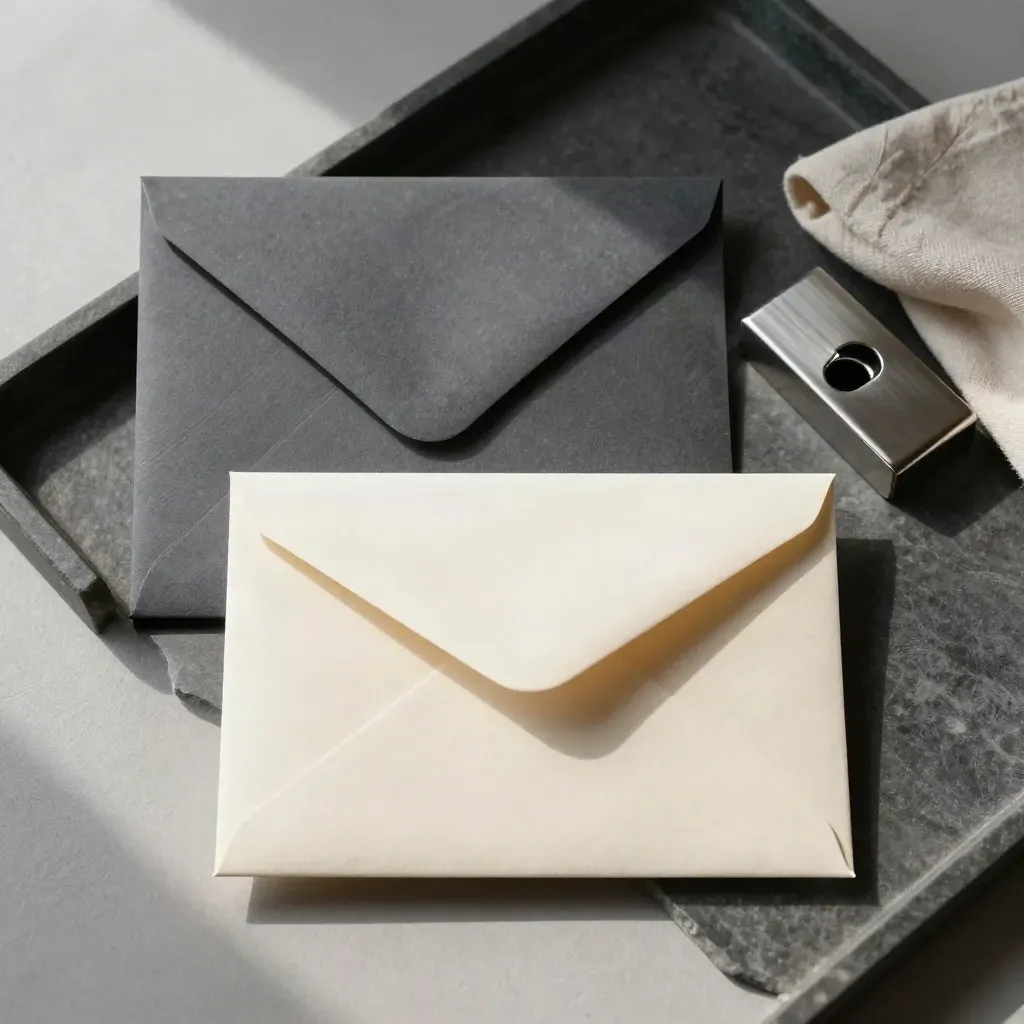 Offer packet still life on stone tray with envelope, folder, paperweight and linen cloth.