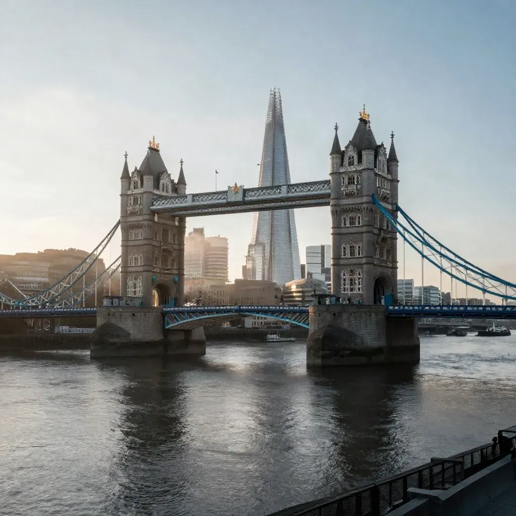London skyline at dawn with Tower Bridge and the Shard above a calm Thames in warm haze.