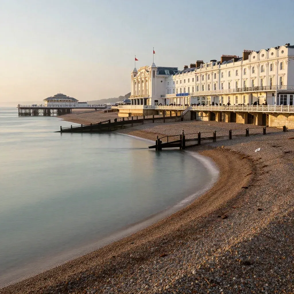 Brighton seafront at golden hour with sea haze, Regency terraces, and calm open shoreline.