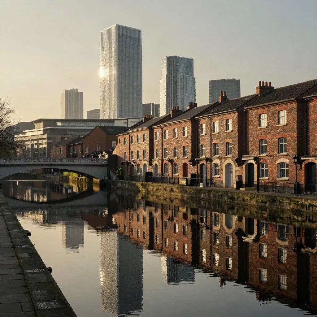 Birmingham canal skyline in warm haze with reflective water and calm foreground.