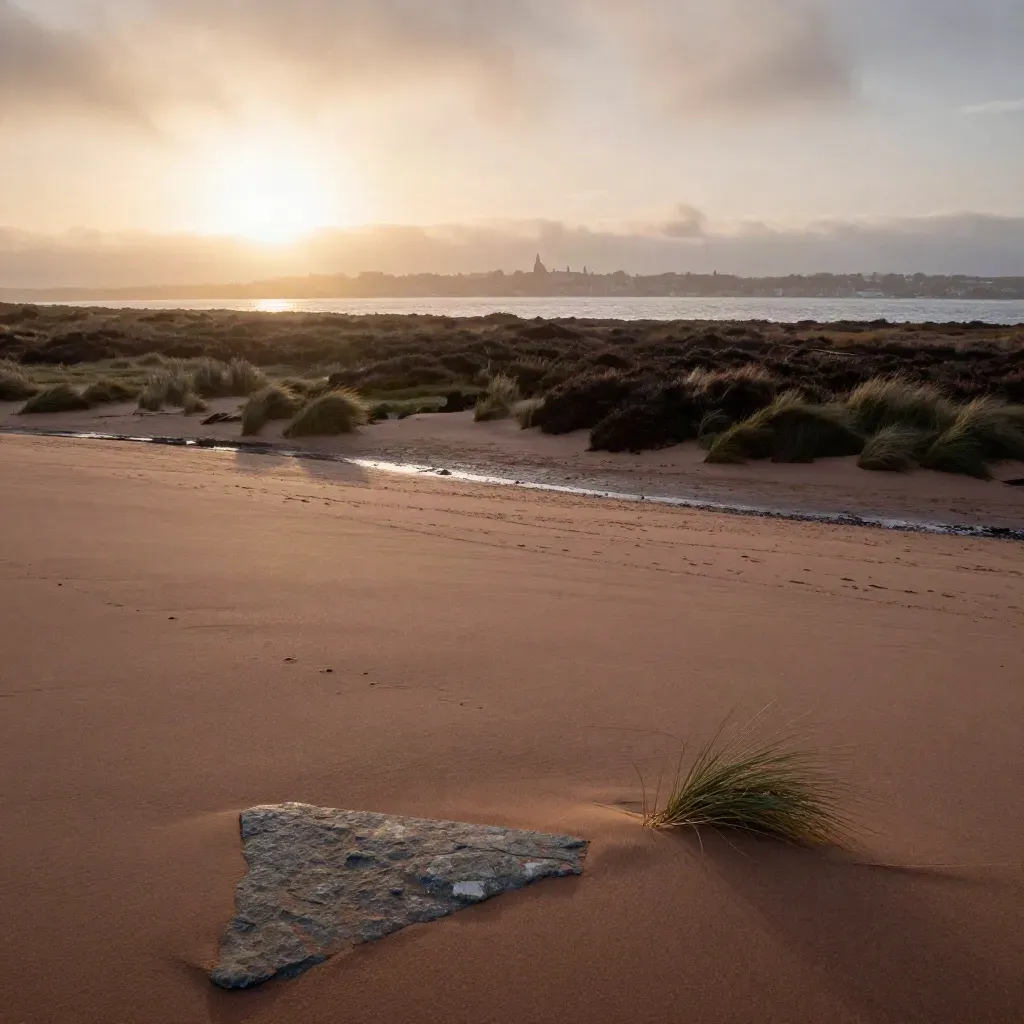 Golden North West coast and moorland vista with distant city edge above calm water.